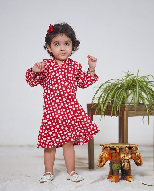 Red Cotton Block Print Polka Dots Hoody Dress For Girls