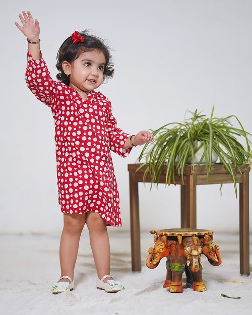 Red Cotton Block Print Polka Dots Hoody Dress For Girls