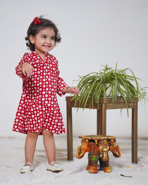 Red Cotton Block Print Polka Dots Hoody Dress For Girls