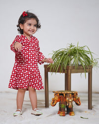 Thumbnail for Red Cotton Block Print Polka Dots Hoody Dress For Girls
