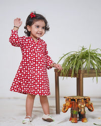 Thumbnail for Red Cotton Block Print Polka Dots Hoody Dress For Girls