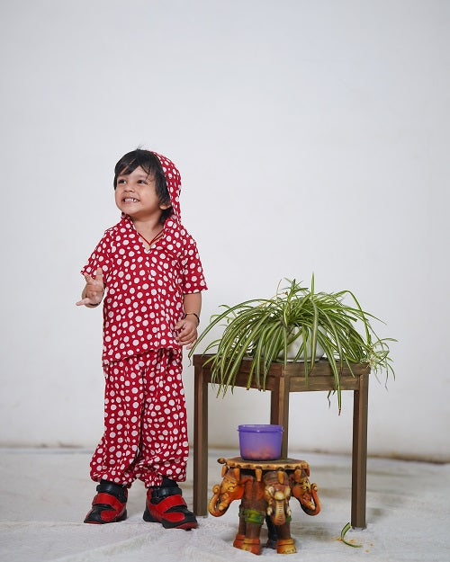 Red Polka Dot Cotton Block Print hoody 2 Piece Unisex Co-Ord Set