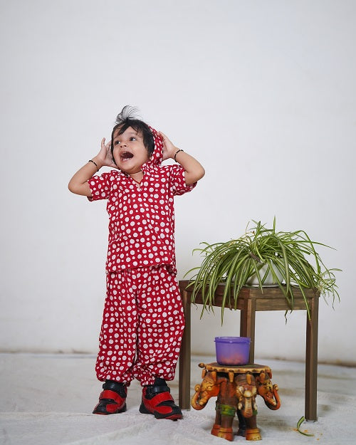 Red Polka Dot Cotton Block Print hoody 2 Piece Unisex Co-Ord Set