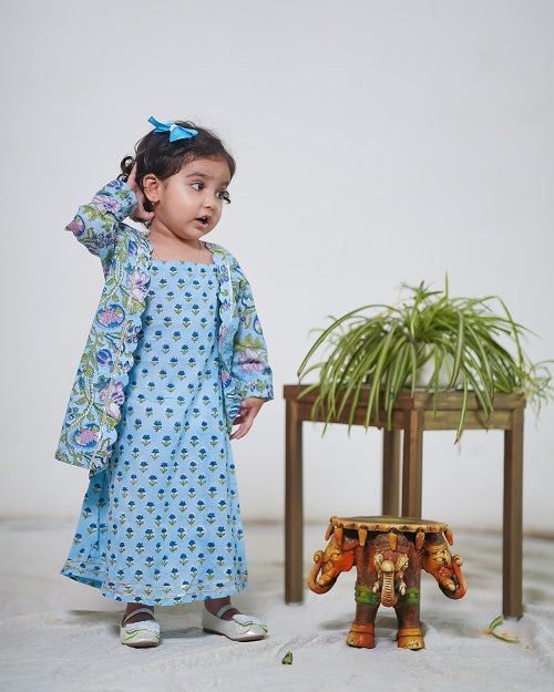 Two Piece Powder Blue Cotton Block PrintTraditional Long Dress With Mid Length Jacket Set For Girls