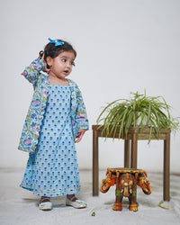 Thumbnail for Two Piece Powder Blue Cotton Block PrintTraditional Long Dress With Mid Length Jacket Set For Girls