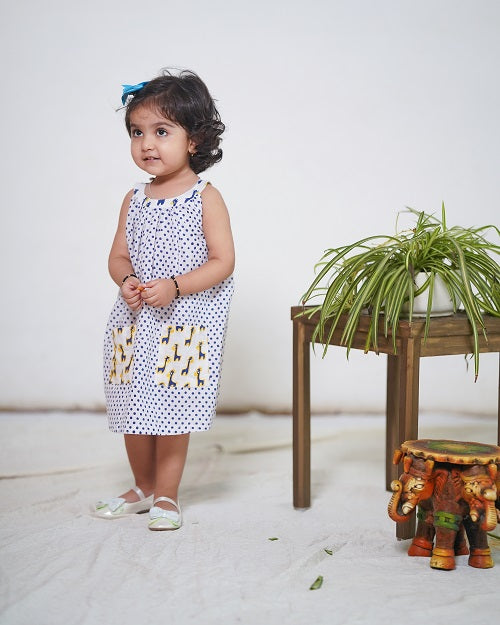 Blue Cotton Block Print Polka Dots Giraffe Embroidery Sleeveless Dress With Pockets For Girls