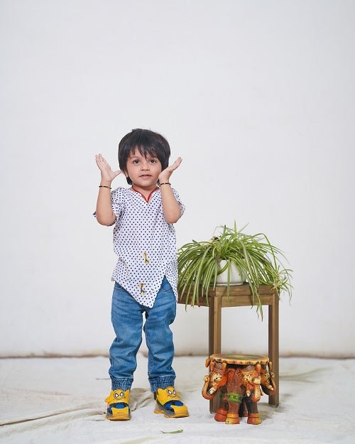 Blue Polka Dot Cotton Block Print Embroidered Shirt For Boys