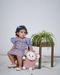 Thumbnail for Blue White Cotton Block Print Emroidered Puff Sleeves Midi Dress For Girl