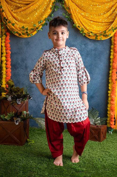 White Red Cotton Block Print Pathani Suit set For Boys