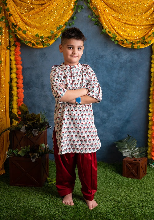 White Red Cotton Block Print Pathani Suit set For Boys