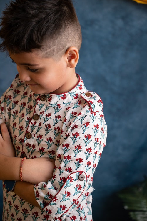 White Red Cotton Block Print Pathani Suit set For Boys