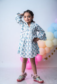 Thumbnail for Blue Dino Cotton Block Print Cotton Swing Knee Length Dress For Girls