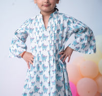 Thumbnail for Blue Dino Cotton Block Print Cotton Swing Knee Length Dress For Girls