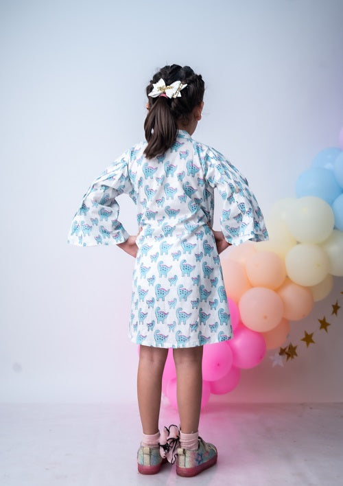 Blue Dino Cotton Block Print Cotton Swing Knee Length Dress For Girls