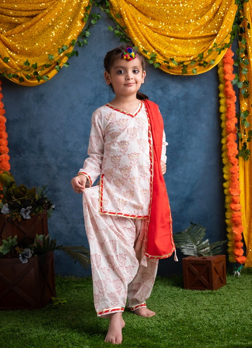 Three Piece White Red Cotton Block Print Embroidered Traditional Kurta Patiyala Salwar Dupatta Set Girls