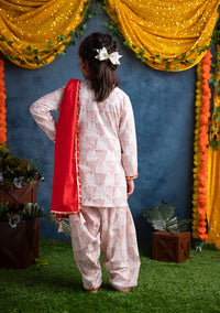 Thumbnail for Three Piece White Red Cotton Block Print Embroidered Traditional Kurta Patiyala Salwar Dupatta Set Girls