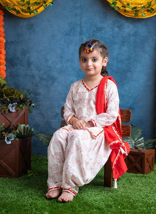 Three Piece White Red Cotton Block Print Embroidered Traditional Kurta Patiyala Salwar Dupatta Set Girls