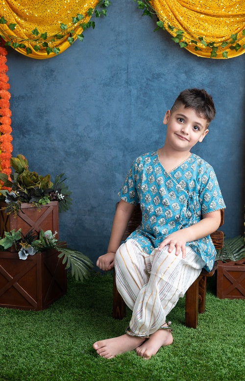 Blue and white two piece Cotton Block Print Angrakha Kurta and Harem Pant Set For Boys