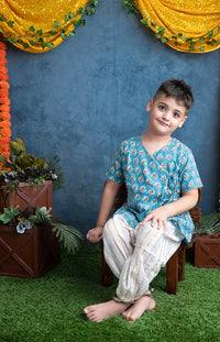 Thumbnail for Blue and white two piece Cotton Block Print Angrakha Kurta and Harem Pant Set For Boys