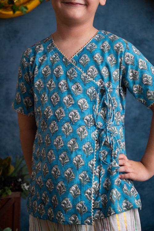 Blue and white two piece Cotton Block Print Angrakha Kurta and Harem Pant Set For Boys