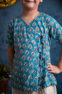 Thumbnail for Blue and white two piece Cotton Block Print Angrakha Kurta and Harem Pant Set For Boys