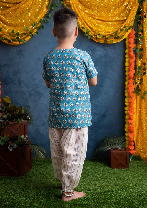Blue and white two piece Cotton Block Print Angrakha Kurta and Harem Pant Set For Boys