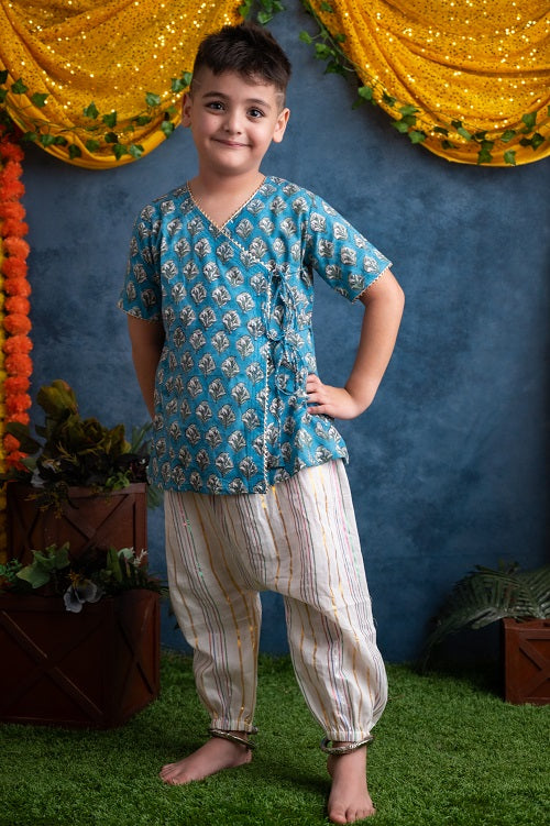Blue and white two piece Cotton Block Print Angrakha Kurta and Harem Pant Set For Boys