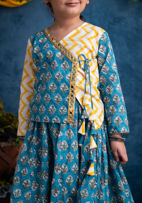 Two Piece Blue Yellow Cotton Block Printed Lehenga Choli Set With Frills And Tassels For Girls