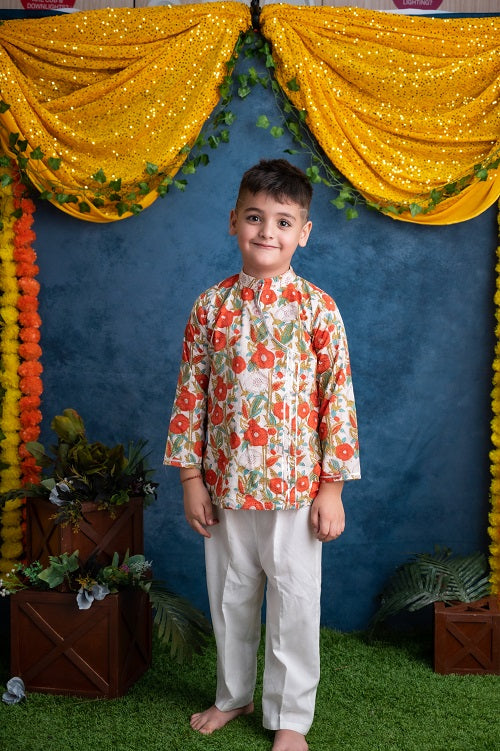 Orange White Cotton Block Print Kurta Pyjama Set For Boys