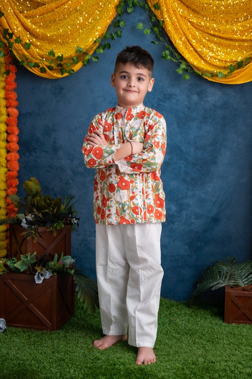 Orange White Cotton Block Print Kurta Pyjama Set For Boys