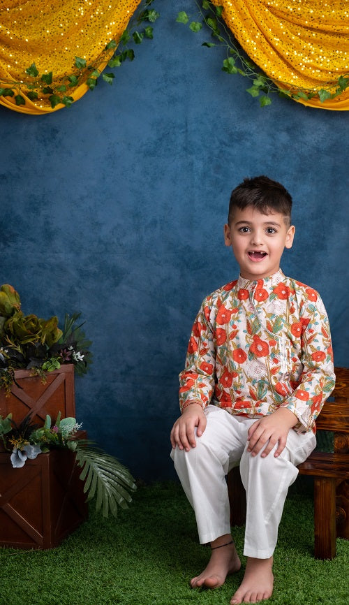 Orange White Cotton Block Print Kurta Pyjama Set For Boys