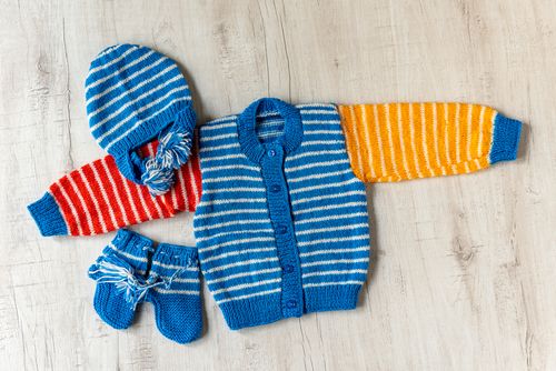 Blue Yellow Red Woollen Hand-Knitted Three Piece Infant Set