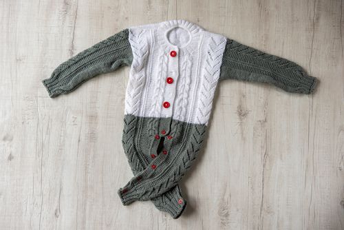 Grey & White Woollen Hand Knitted Infant Full Length Romper