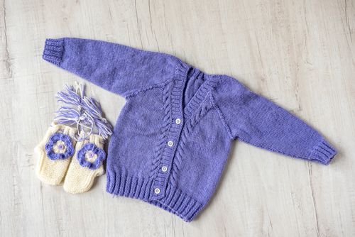 Lavender And White Woollen Hand Knitted Three Piece Infant Set