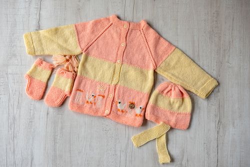 Cream & Pink  Woollen Hand-Knitted Three Piece Infant Set