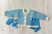 Thumbnail for Blue And White Stripes Woollen Hand-Knitted Three Piece Infant Set
