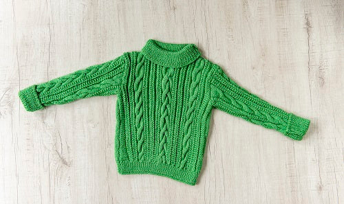 Leaf Green Woollen Hand Knitted Full Sleeves Infant Pullover