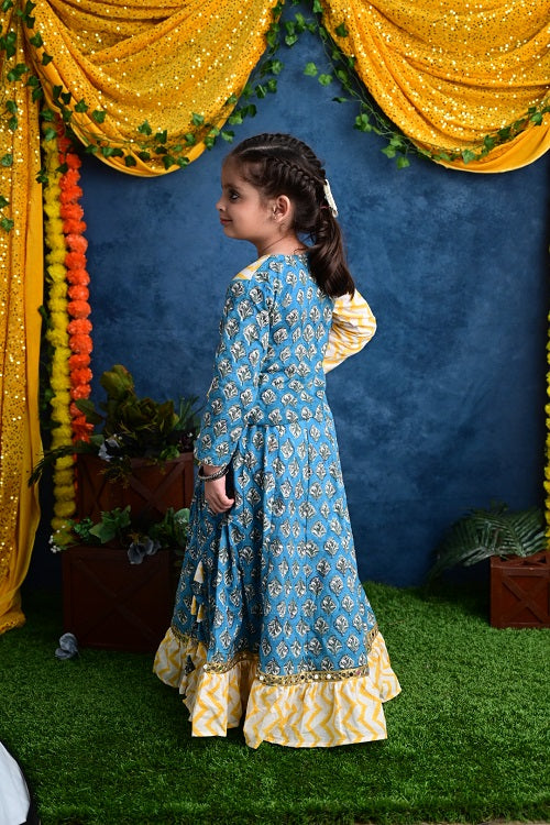 Two Piece Blue Yellow Cotton Block Printed Lehenga Choli Set With Frills And Tassels For Girls