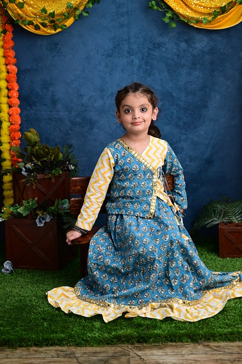Two Piece Blue Yellow Cotton Block Printed Lehenga Choli Set With Frills And Tassels For Girls