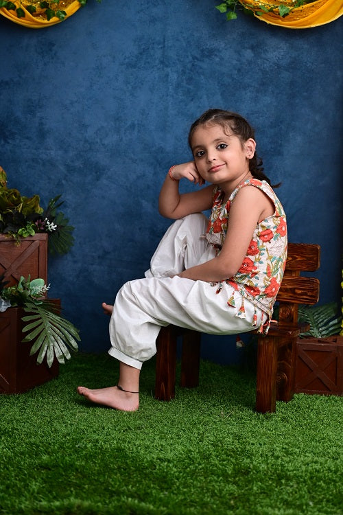 Two Piece Orange White Cotton Block Print  Kurta With Tassels and Pyjama Set For Girls