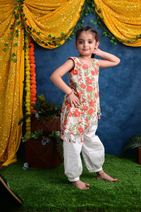 Thumbnail for Two Piece Orange White Cotton Block Print  Kurta With Tassels and Pyjama Set For Girls