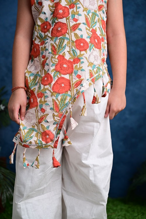 Two Piece Orange White Cotton Block Print Kurta With Tassels and Pyjama Set For Girls