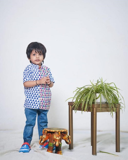 Blue Cotton Block Print Embroidered Stand Collar Bush Shirt For Boys