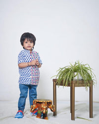 Thumbnail for Blue Cotton Block Print Embroidered Stand Collar Bush Shirt For Boys