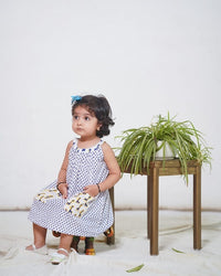 Thumbnail for Blue Cotton Block Print Polka Dots Giraffe Embroidery Sleeveless Dress With Pockets For Girls