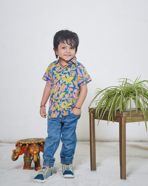 Multicoloured Cotton Block Floral Printed Bush Shirt For Boys