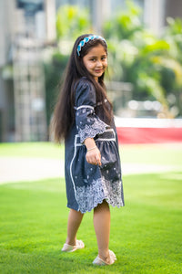 Thumbnail for Basic Blue Laycra Denim embroidered elbow Sleeves Party Dress For Girls