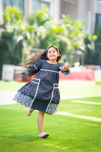 Thumbnail for Basic Blue Laycra Denim embroidered elbow Sleeves Party Dress For Girls