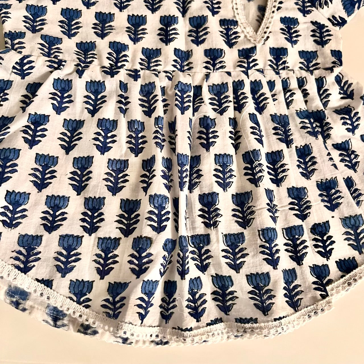 Blue White Soft Cotton Block Print Infant Cap Jhabla Set