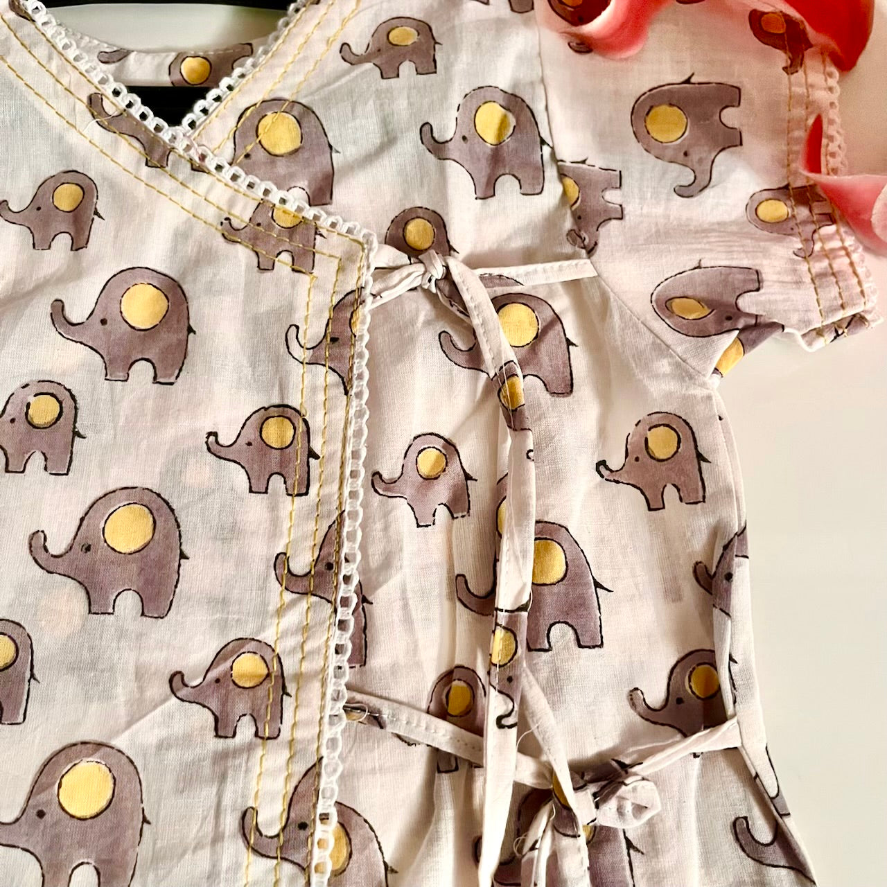 White and Yellow Block Printed Cotton Overlap Elle Infant Jhabla